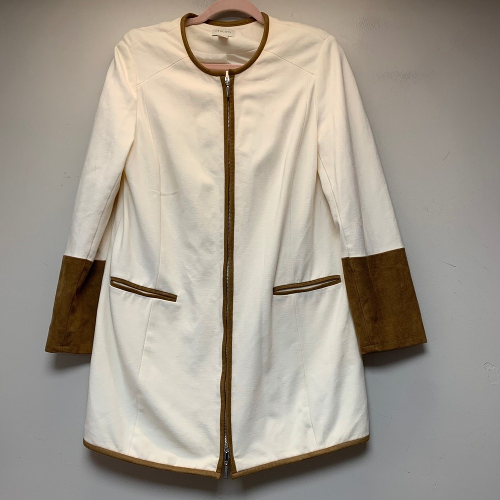 Chico's Zip Front Longline Jacket Womens 1 Medium Cream Brown Trim Excellent